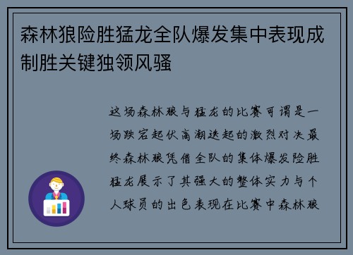 森林狼险胜猛龙全队爆发集中表现成制胜关键独领风骚
