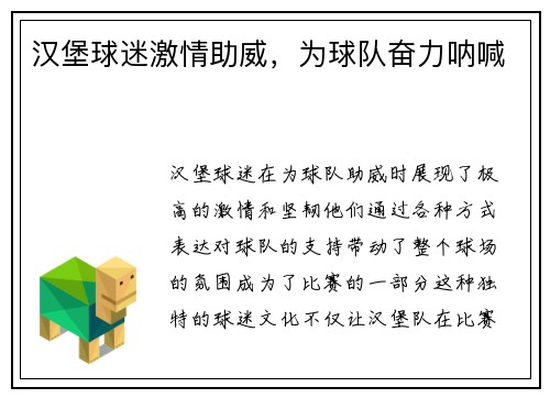 汉堡球迷激情助威，为球队奋力呐喊