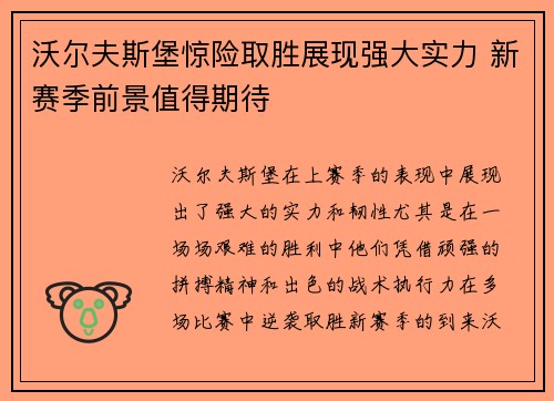 沃尔夫斯堡惊险取胜展现强大实力 新赛季前景值得期待